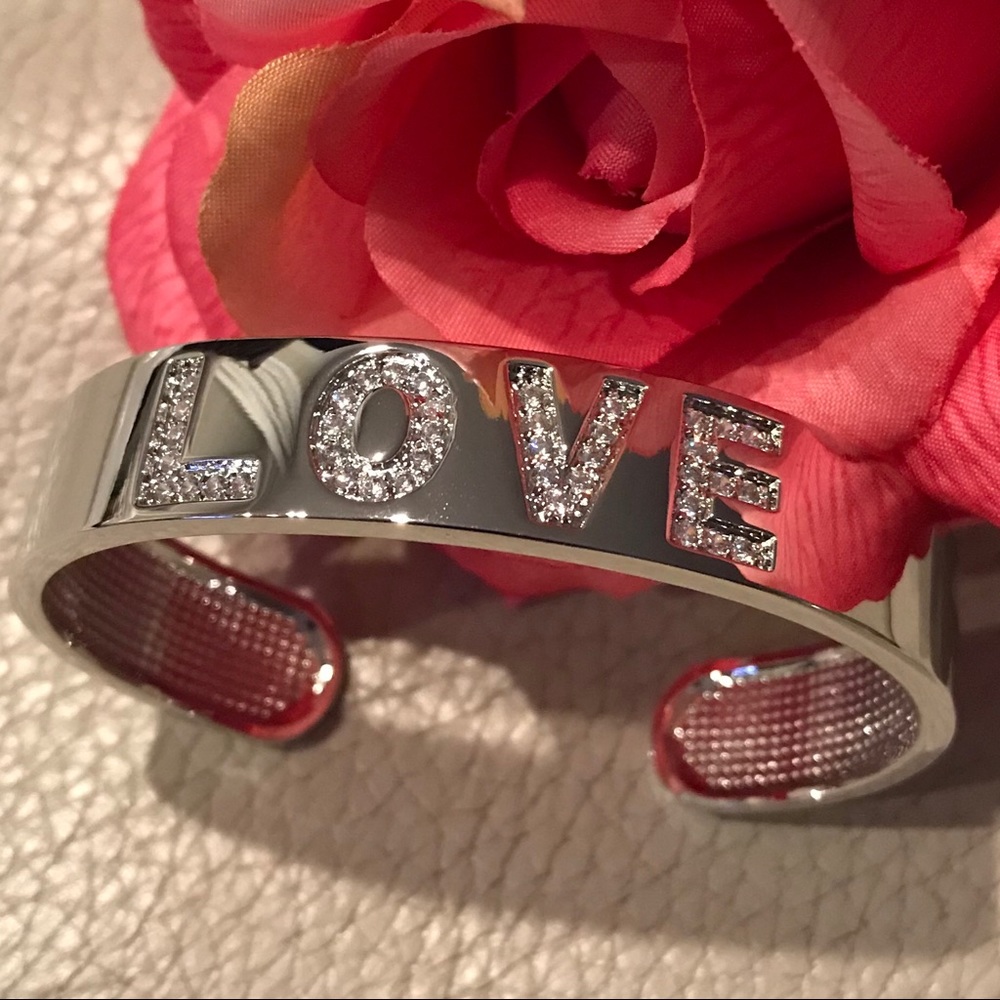 Silver Adjustable Bangle with the word LOVE In CZs